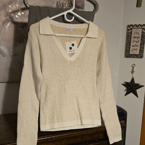 Cozy Co Chic Cream Ribbed Collar Sweater L